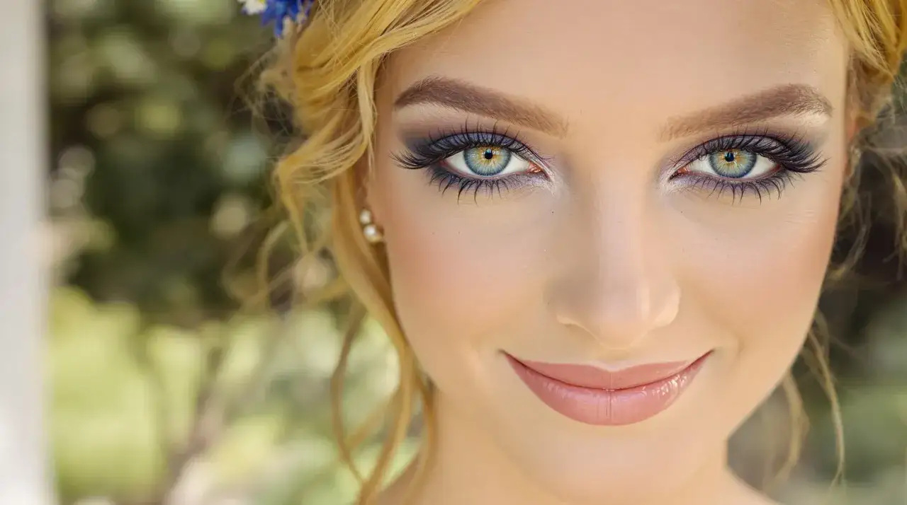 Un maquillage yeux bleus intense, avec des cils longs et un regard captivant. Cheveux blonds ondul&eacute;s et une touche de bleu floral.
