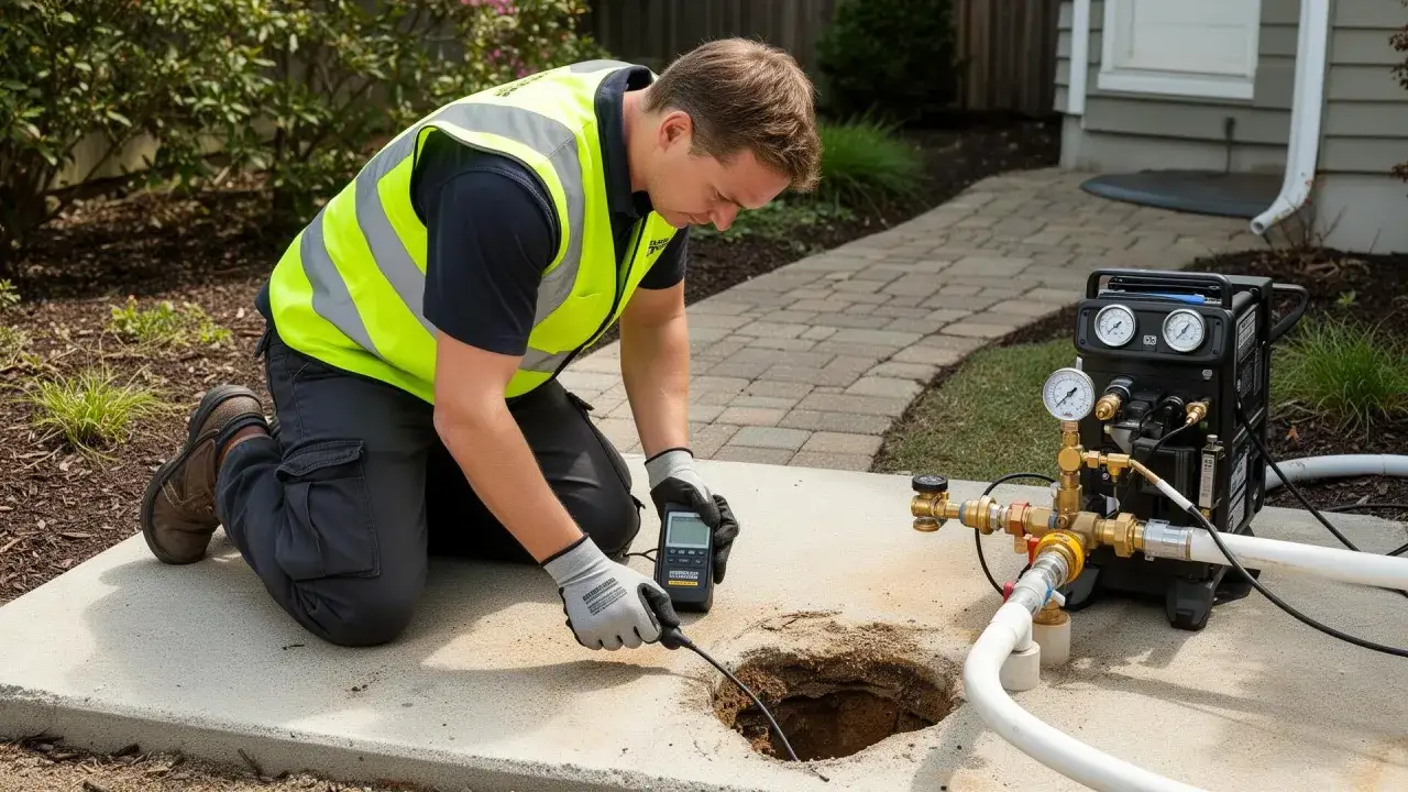 Un technicien en chasuble fluo utilise un détecteur pour localiser une fuite de gaz près d'une maison.