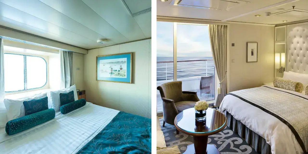 Interno di una crociera cabina con balcone, con letto comodo e vista sul mare.