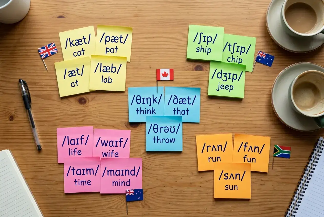 Post-its mit englischen Lautschrift-Beispielen und L&auml;nderflaggen. Vielleicht ist das schwerste englische Wort der Welt hier versteckt?
