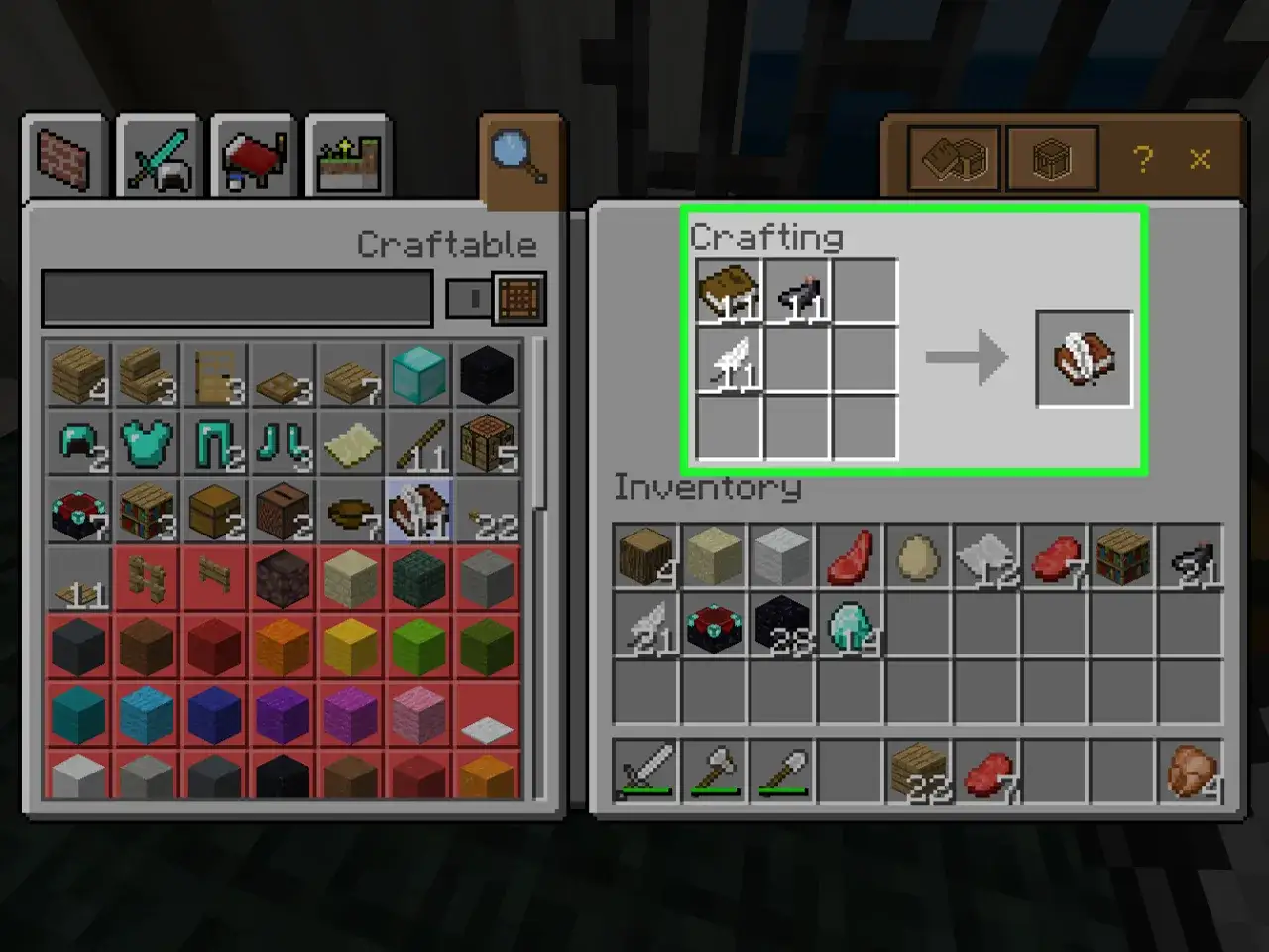 Jak zrobić książkę w MC? Potrzebujesz skóry i papieru. W crafting table umieść skórę na górze, a trzy papierowe arkusze poniżej.
