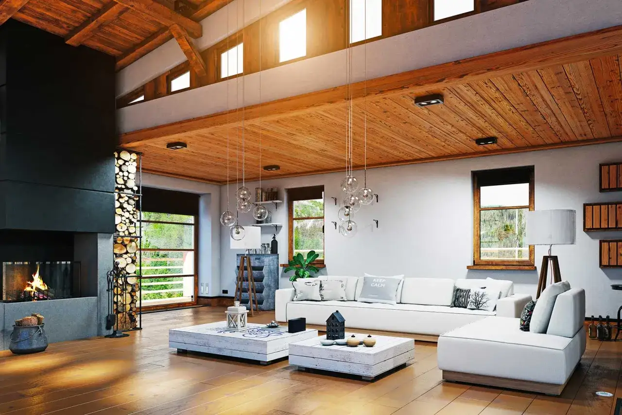 Accogliente soggiorno in una casa di campagna moderna, con camino acceso, soffitto in legno e ampie finestre che si affacciano sul verde.