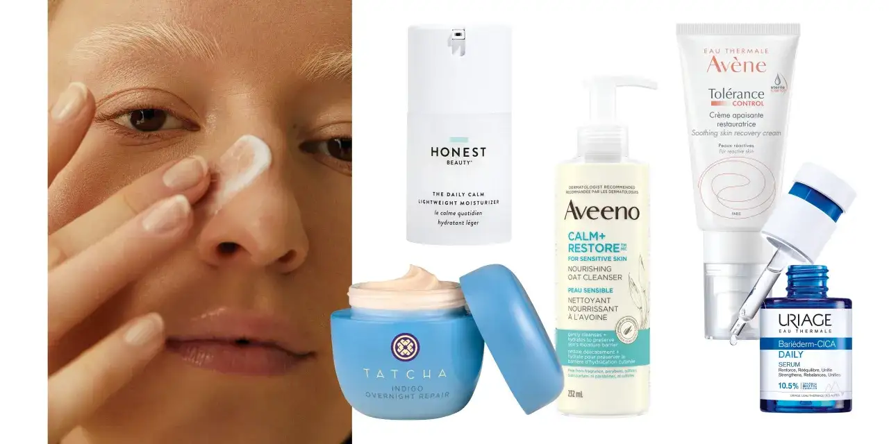 Application de crème sur le visage, entourée de produits de soins pour peau réactive : Aveeno, Avène, Tatcha, Honest Beauty, Uriage.