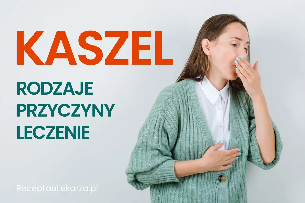 Kobieta zakrywa usta, kaszląc. Obok napis 