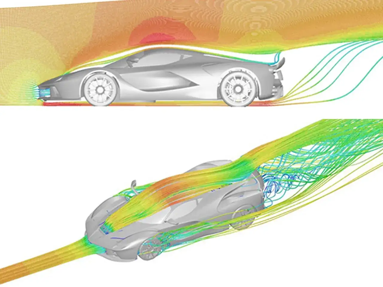 Symulacja przepływu powietrza wokół La Ferrari. Kolorowe linie pokazują dynamikę strumieni powietrza, podkreślając aerodynamiczne kształty supersamochodu.