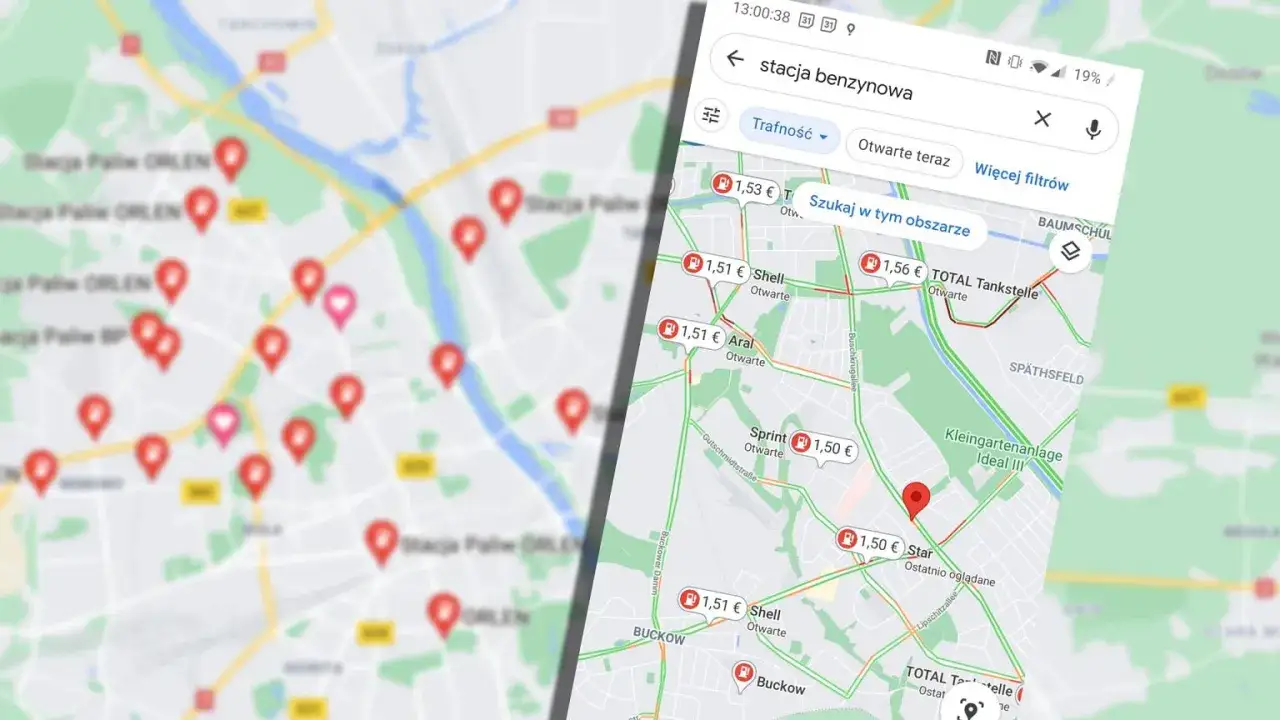Aplikacja ceny paliw pokazuje mapę z zaznaczonymi stacjami benzynowymi i ich cenami.