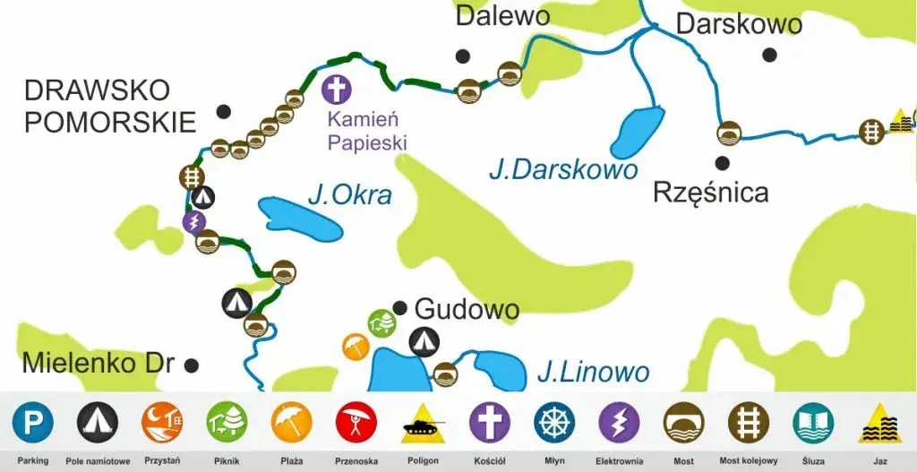 Przykładowa mapa kajakowa z oznaczeniami trudności i POI