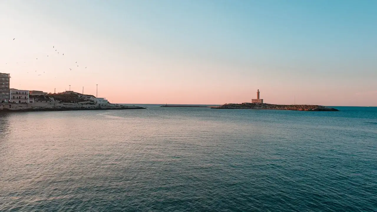Il **lungomare** di **Vieste** al tramonto, con il faro sull'isolotto e gabbiani in volo.