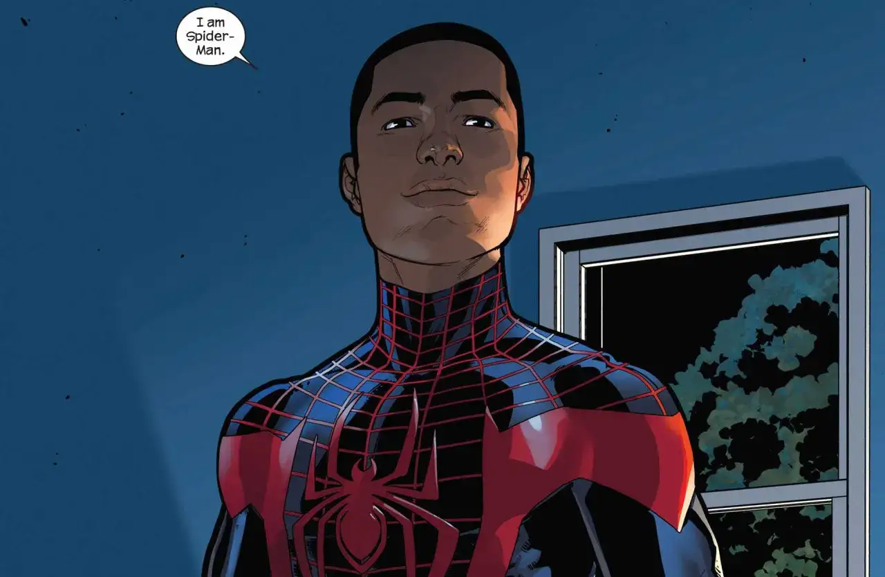 Miles Morales, jeden z marvel bohater&oacute;w, w swoim kostiumie Spider-Mana.