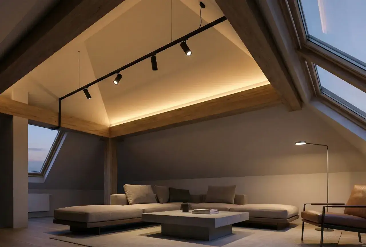 Soggiorno mansardato con travi in legno a vista, divano angolare, tavolino e un lucernario fisso che illumina l'ambiente.