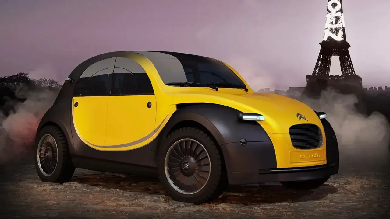 El Citro&euml;n 2CV 2026, amarillo y negro, con la Torre Eiffel de fondo, parece listo para una aventura futurista.