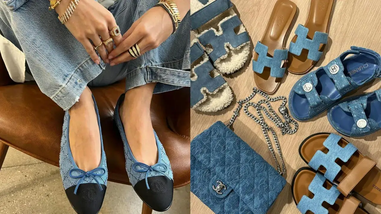 Collection de chaussures en jeans pour femme : ballerines Chanel, sandales Hermès et sac matelassé.