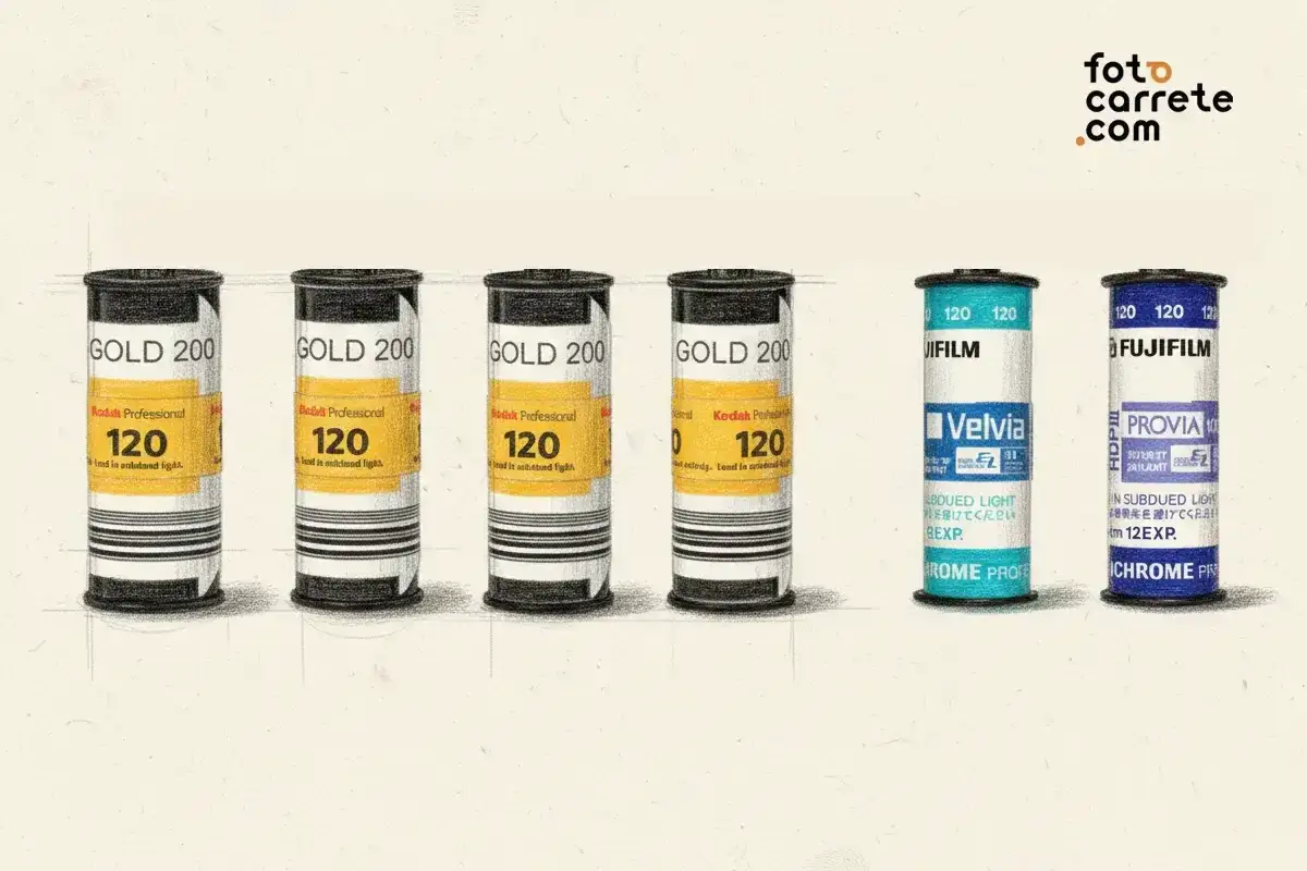 Seis carretes de pel&iacute;cula fotogr&aacute;fica: tres Kodak Gold 200, dos Fujifilm Velvia y Provia. Cada uno indica 120 y cu&aacute;ntas fotos tiene un carrete.