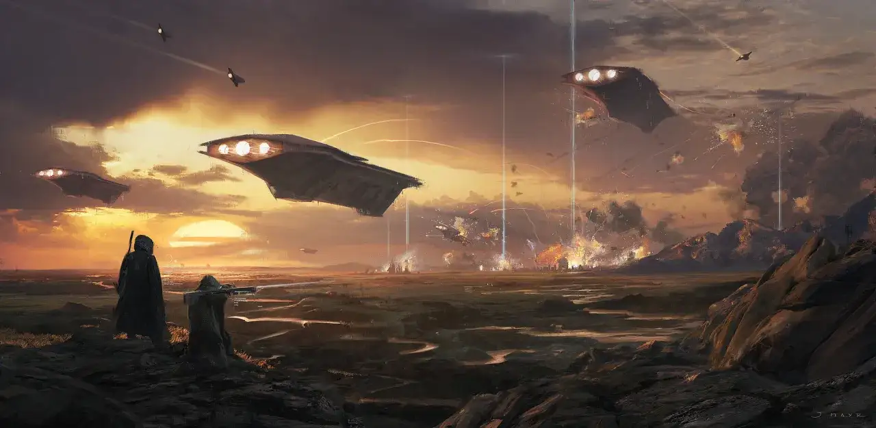 Des vaisseaux spatiaux attaquent une ville sous un ciel orangé. La différence entre fantastique et science-fiction est ici claire : la technologie est reine.