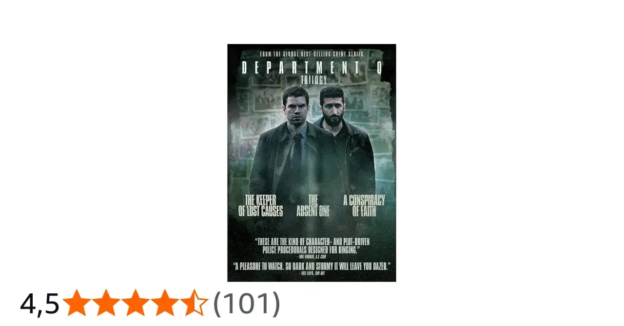 Filmaffisch för avdelning q filmer. Två män står framför en mur. Filmerna heter