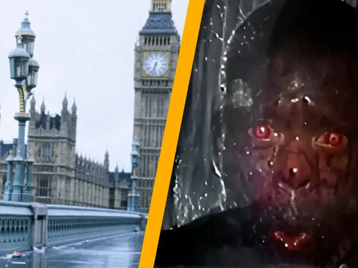 Pusta ulica w Londynie, Big Ben w tle. Po prawej przerażająca twarz zainfekowanego, jak w