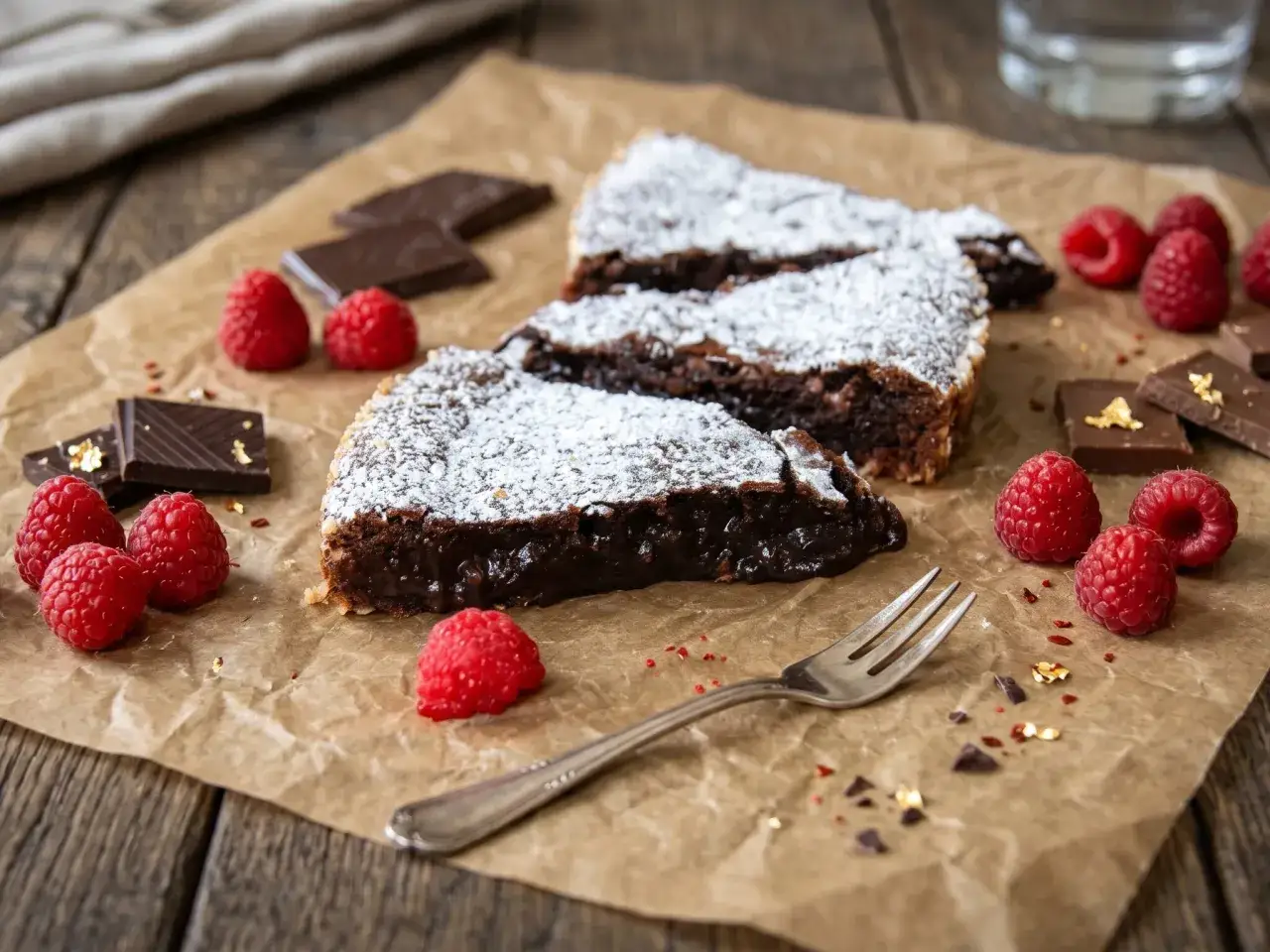 Tre bitar kladdkaka med pudersocker, hallon och chokladbitar. Perfekt för en snabb kladdkaka-fika.