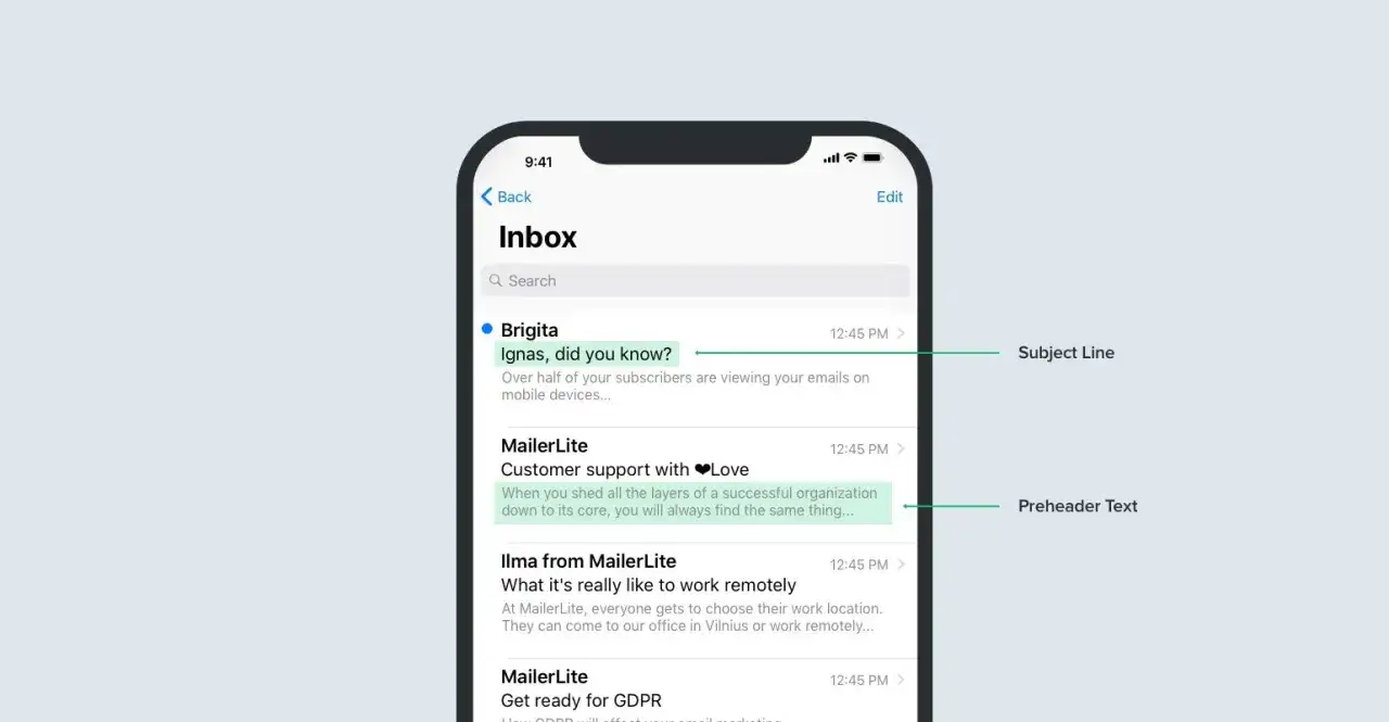 Beispiele f&uuml;r E-Mail-Betreffzeilen auf einem Smartphone-Display. 