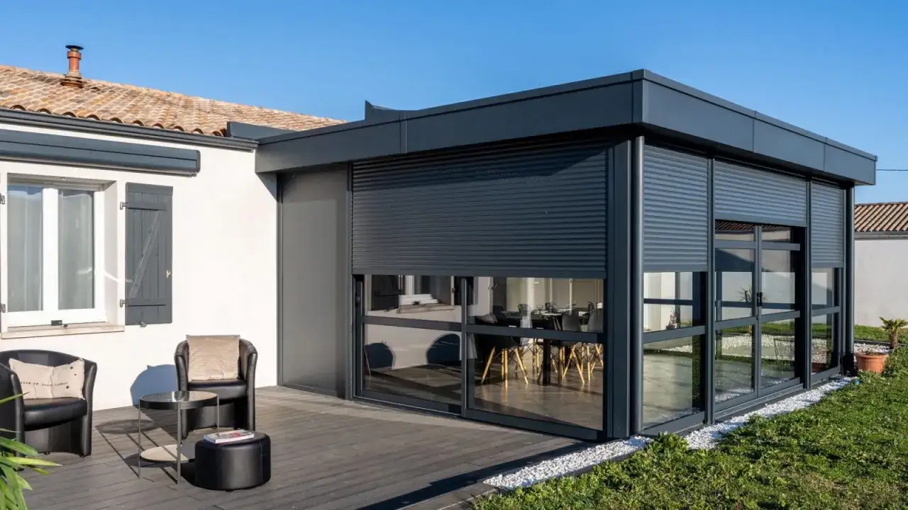 Une moderne veranda 2 niveaux avec volets roulants, offrant une vue sur une salle &agrave; manger. Deux fauteuils noirs sur la terrasse en bois.