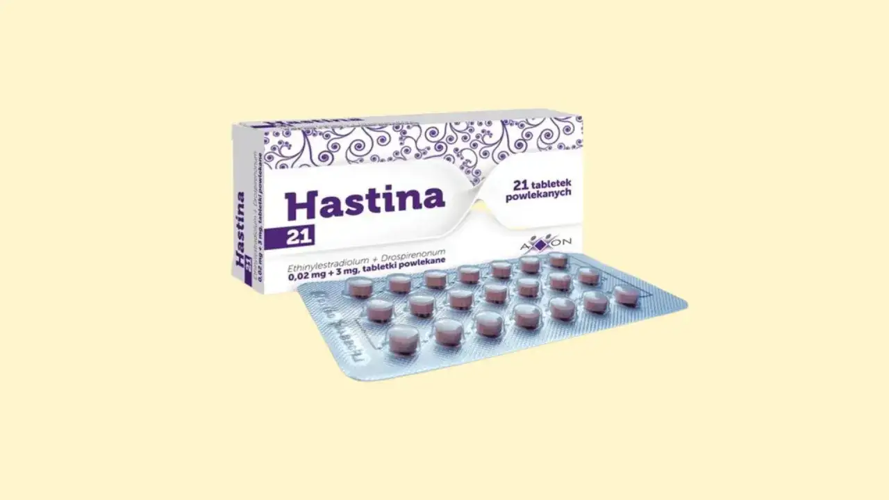 Opakowanie leku Hastina 21, zawierające 21 tabletek powlekanych z etynyloestradiolem i drospirenonem. Lek ten, podobnie jak orgametril, jest stosowany w terapii hormonalnej.