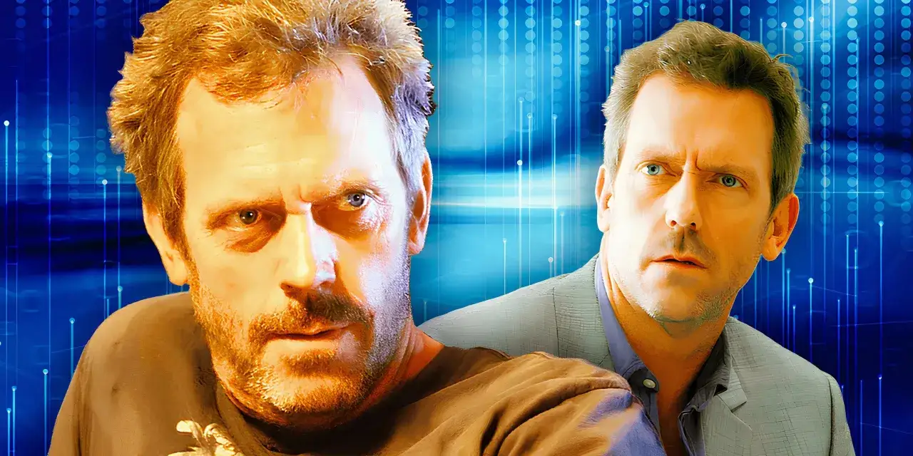 Hugh Laurie w filmach, serialach i programach. Dwa portrety aktora na tle niebieskich linii i kół.