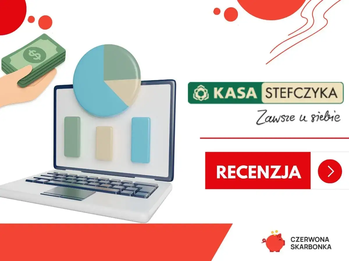 Czy Kasa Stefczyka konsoliduje chwilówki? Grafika pokazuje laptop z wykresami, stos banknotów i logo Kasy Stefczyka.