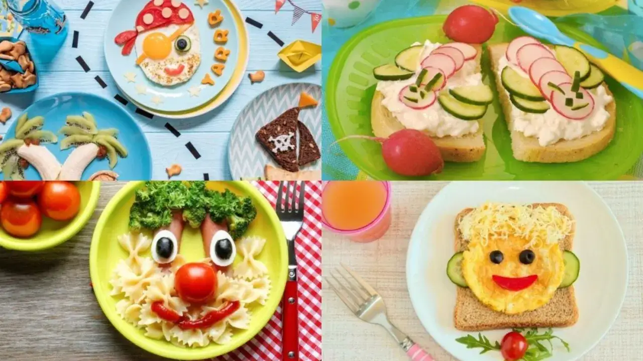 Des idées repas enfant difficile transformées en visages amusants : pirate, clown, chenilles sur pain, palmiers, et un visage souriant sur toast.