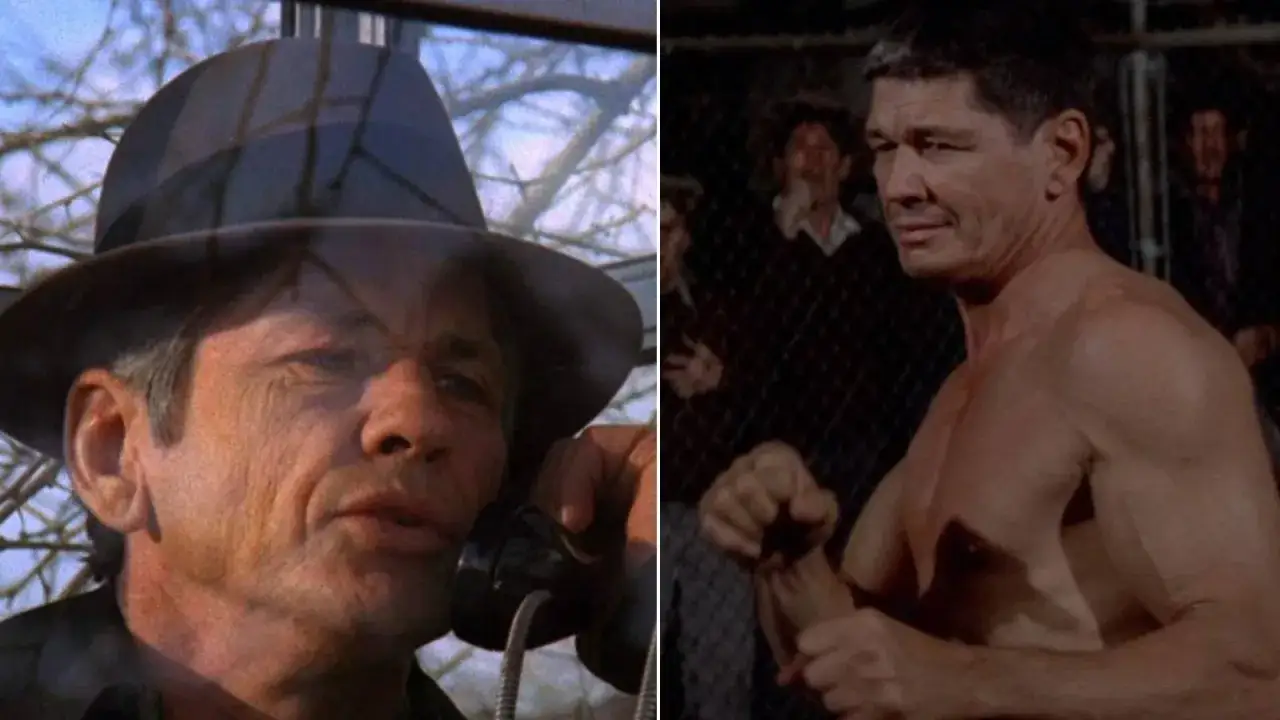 Charles Bronson w kapeluszu rozmawia przez telefon i bez koszulki w ringu. Klasyka filmów z jego udziałem.