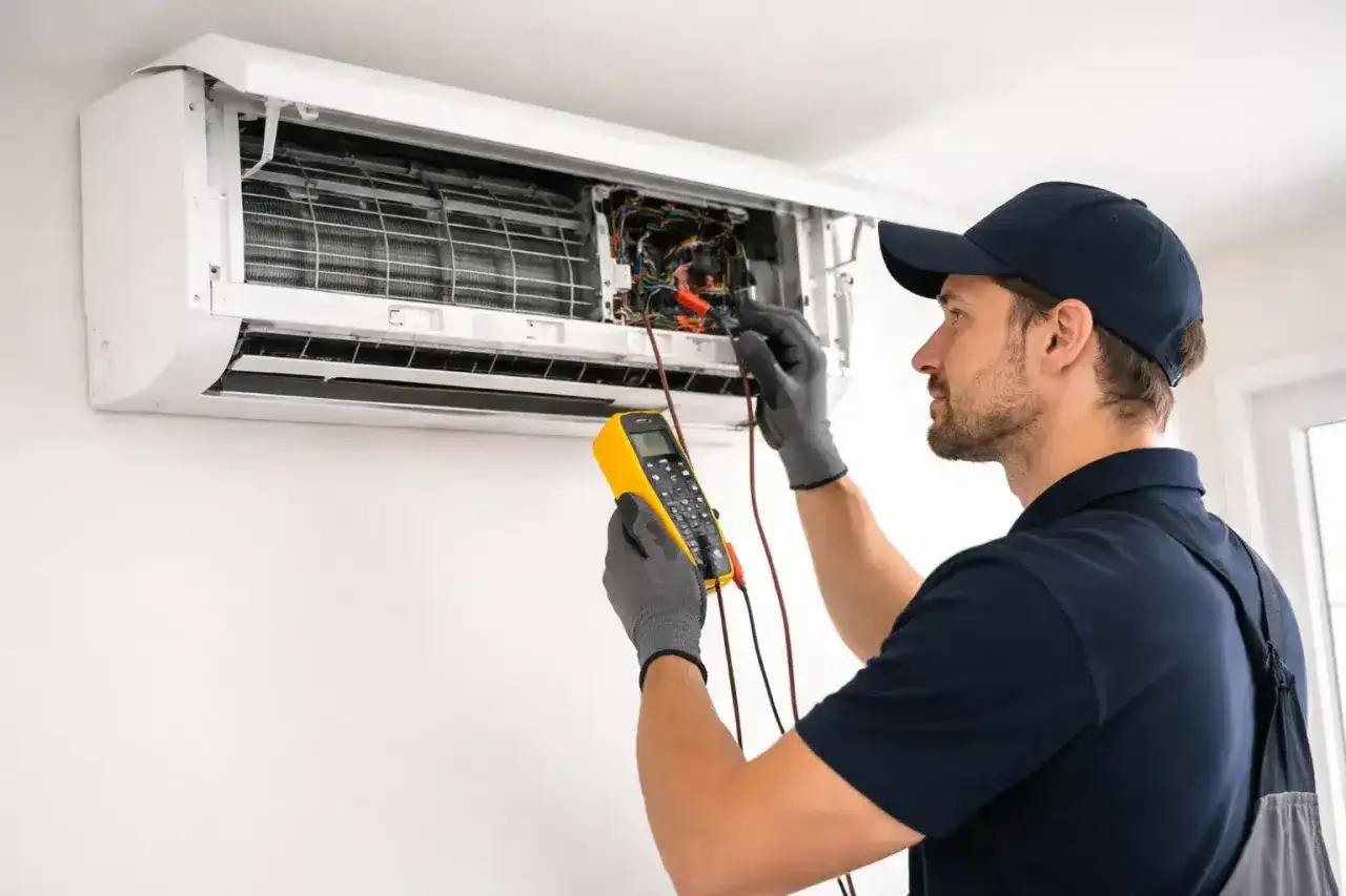 Técnico revisa aire acondicionado para recargar gas. Mantenimiento esencial para el confort en casa.
