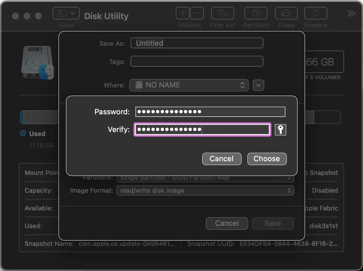 Skapa en krypterad h&aring;rddisk genom att ange och verifiera ditt l&ouml;senord i Disk Utility.