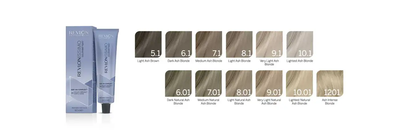 Revlonissimo Haarfarben Tabelle zeigt verschiedene Aschblond- und Naturtöne, von Dunkelbraun bis sehr hellem Blond.