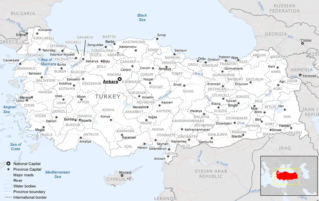 Mapa Riwiery Tureckiej z zaznaczonym Morzem Śródziemnym i Egejskim