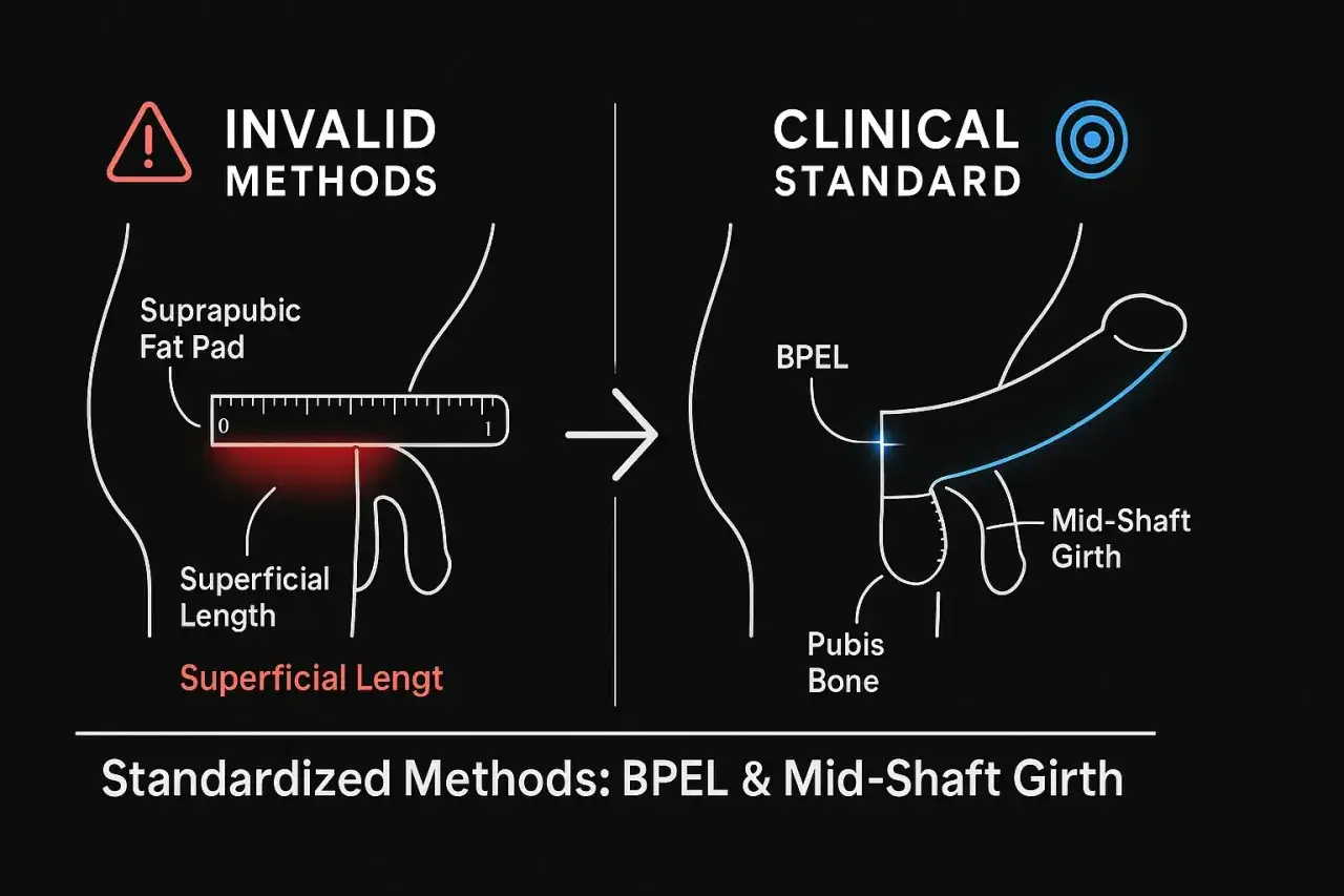 Vergleich von Messmethoden: Ung&uuml;ltige Methoden vs. klinischer Standard. BPEL und Mittelschaftumfang f&uuml;r genaue Messungen, z.B. eines 10 cm Penis.