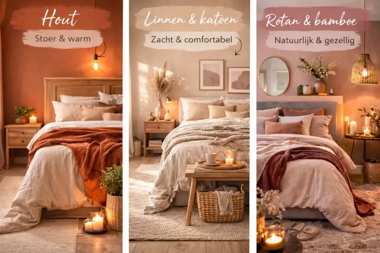 Drie sfeervolle, minimalistische slaapkamers: één met hout en warme tinten, één met linnen en katoen, en één met rotan en bamboe voor een natuurlijke look.