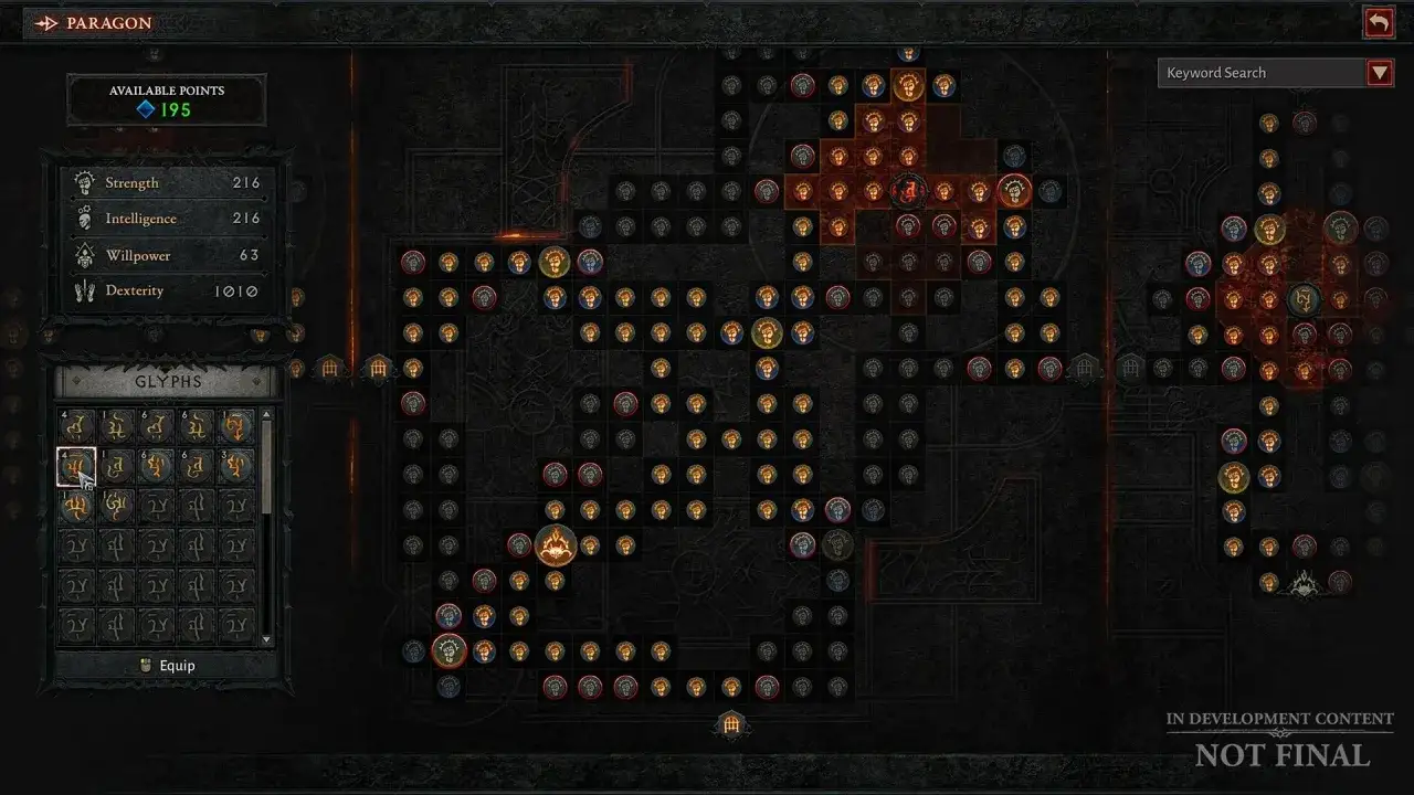 Panel z drzewkiem rozwoju postaci w Diablo 4. Widoczny jest system Paragon, dostępne punkty, statystyki oraz dostępne glify. To pomocny diablo 4 poradnik.