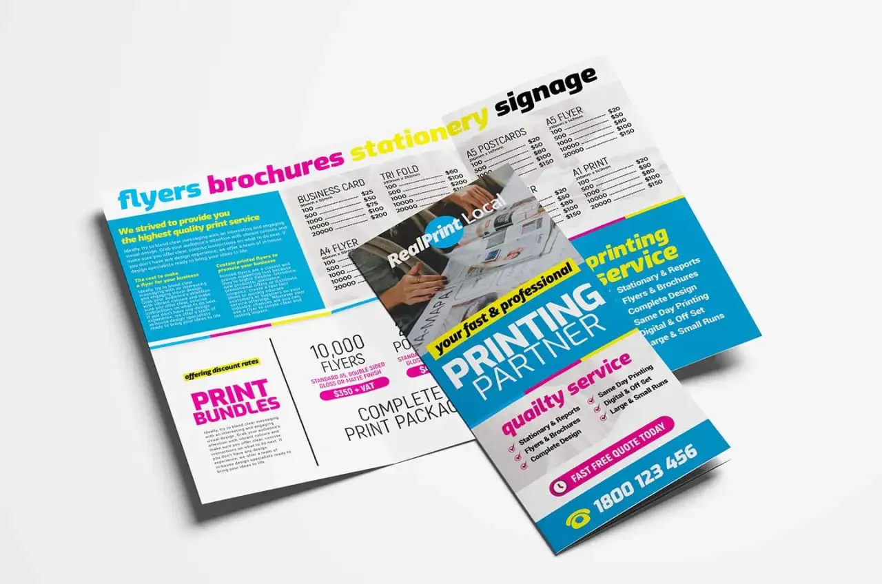 A trifold template showcasing printing services, including flyers, brochures, and signage, with pricing for various items.