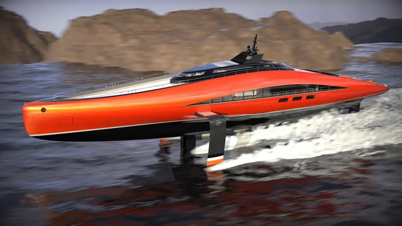 Le yacht futuriste Baltic 111 Raven, d'un orange vif, fend les vagues, ses hydrofoils le soulevant hors de l'eau.