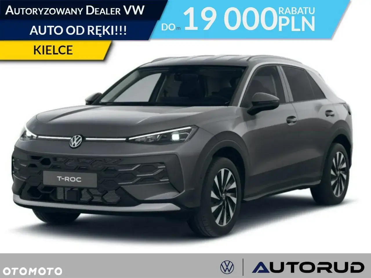 Szary Volkswagen T-Roc z rabatem 19 000 PLN. Autoryzowany dealer VW w Kielcach oferuje auto od ręki.