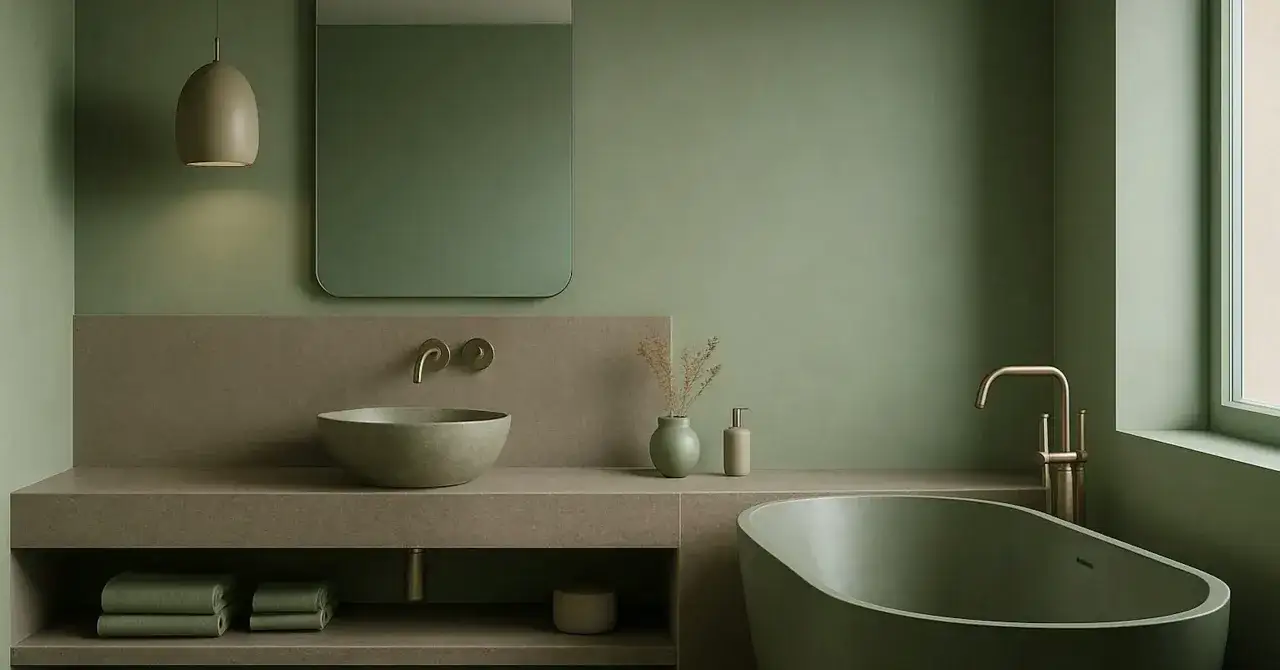 Salle de bain moderne aux tons verts et beiges. La baignoire, le lavabo et les murs sont d'une teinte verte apaisante, la couleur la moins salissante pour une ambiance zen.
