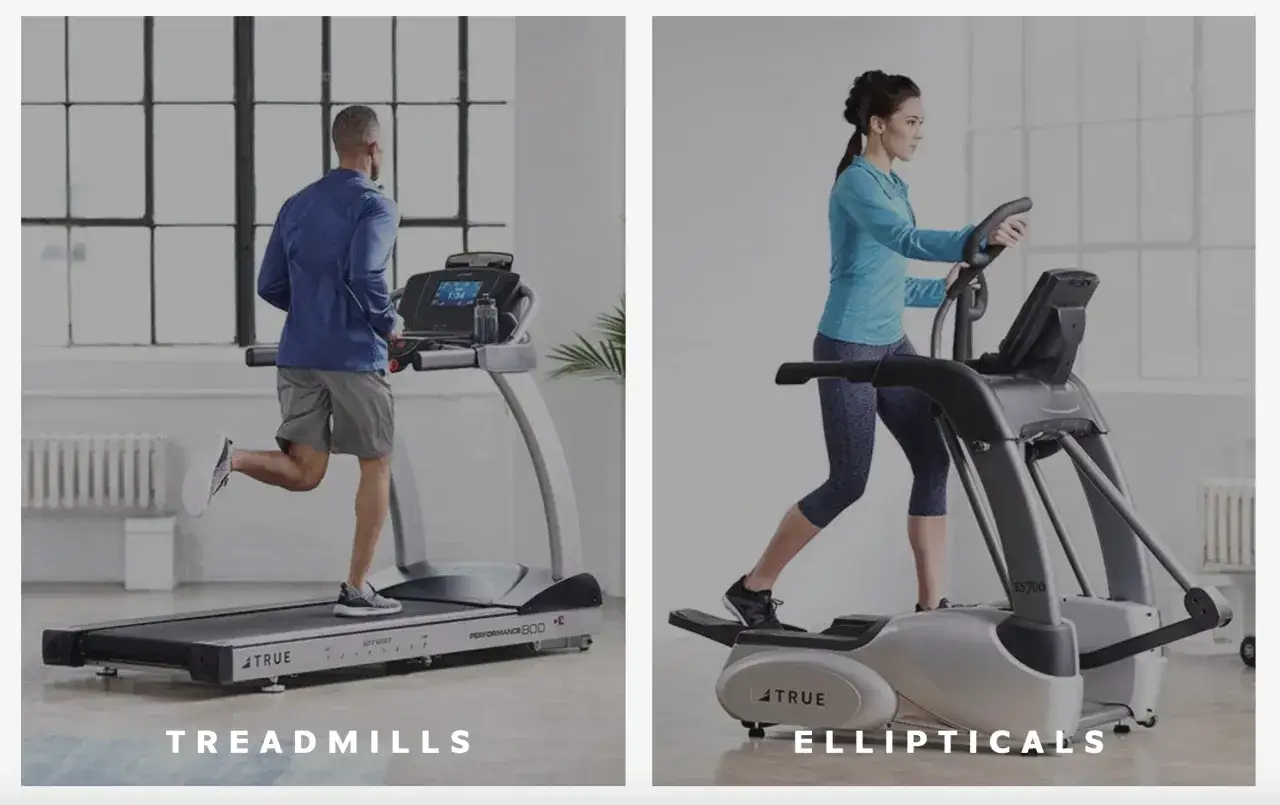 Mann l&auml;uft auf Laufband, Frau auf Crosstrainer. Was ist besser Laufband oder Crosstrainer? Beide Ger&auml;te f&uuml;r Cardio-Training.
