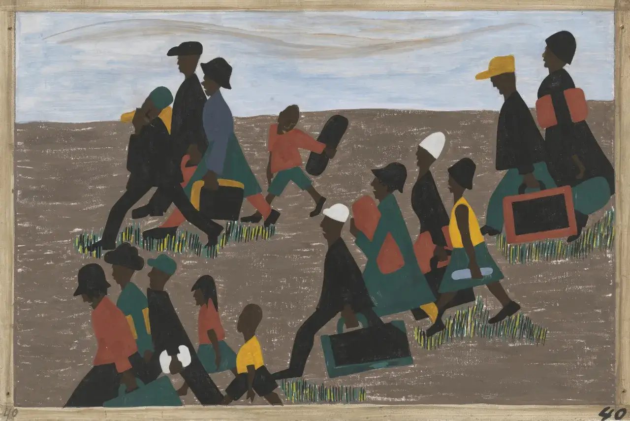 A Jacob Lawrence painting depicts a group of African Americans migrating, carrying luggage and looking towards the future.