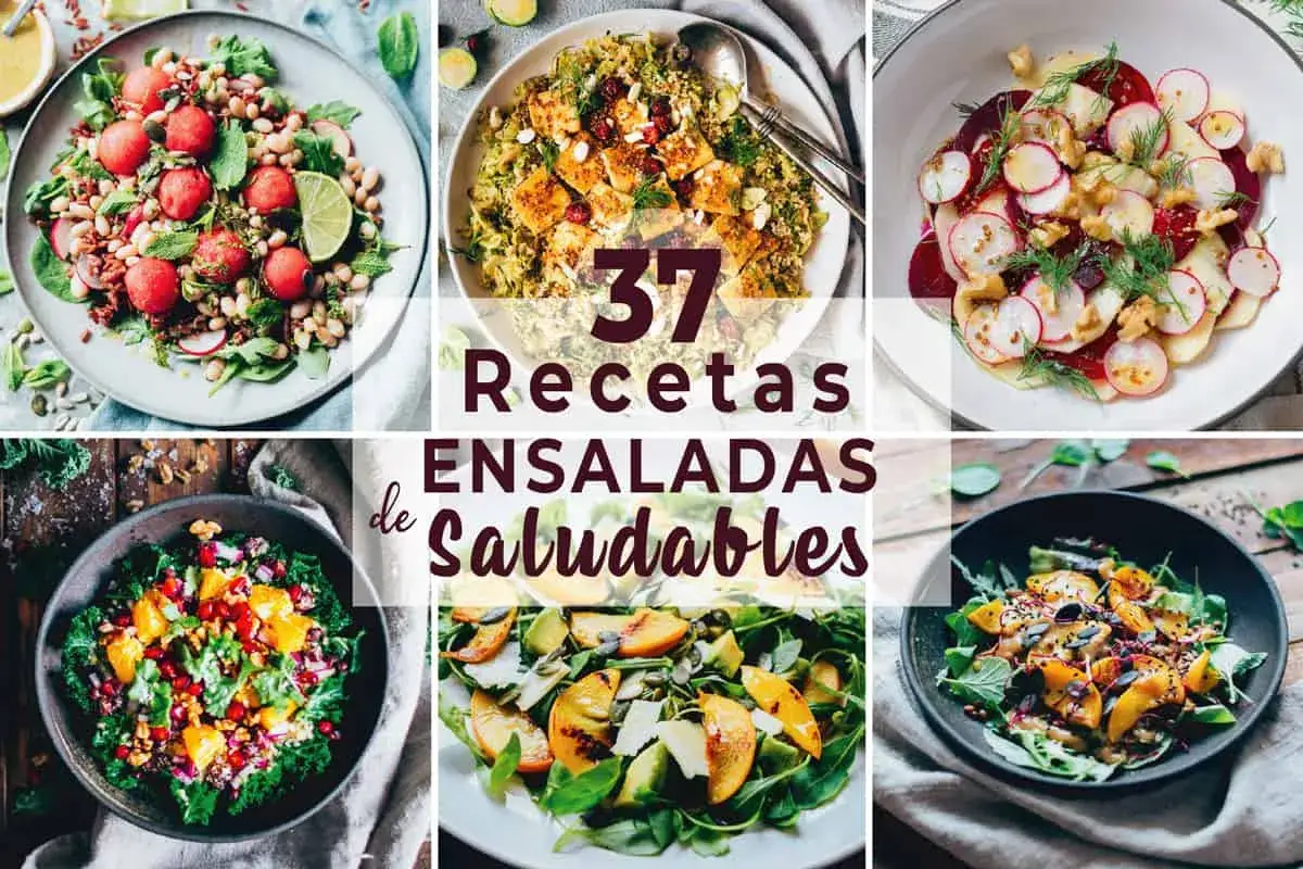 Collage de 6 ensaladas veganas coloridas y saludables. Variedad de ingredientes frescos y vibrantes.