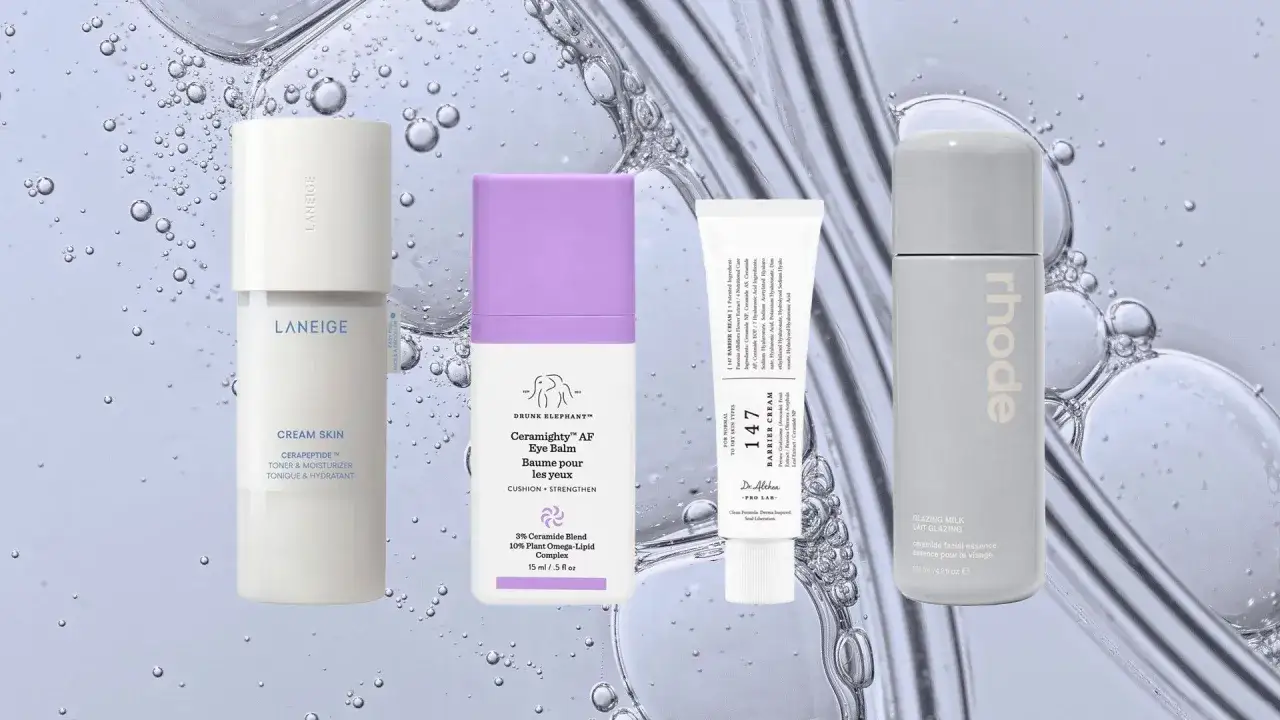 Kolekcja kosmetyków: krem do twarzy Laneige, balsam pod oczy Drunk Elephant, krem do twarzy Dr. Althea i **rhode glazing milk** – esencja do twarzy.