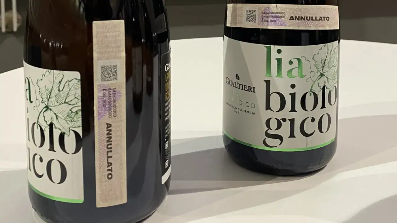Due bottiglie di vino IGT biologico Gualtieri, una con etichetta 