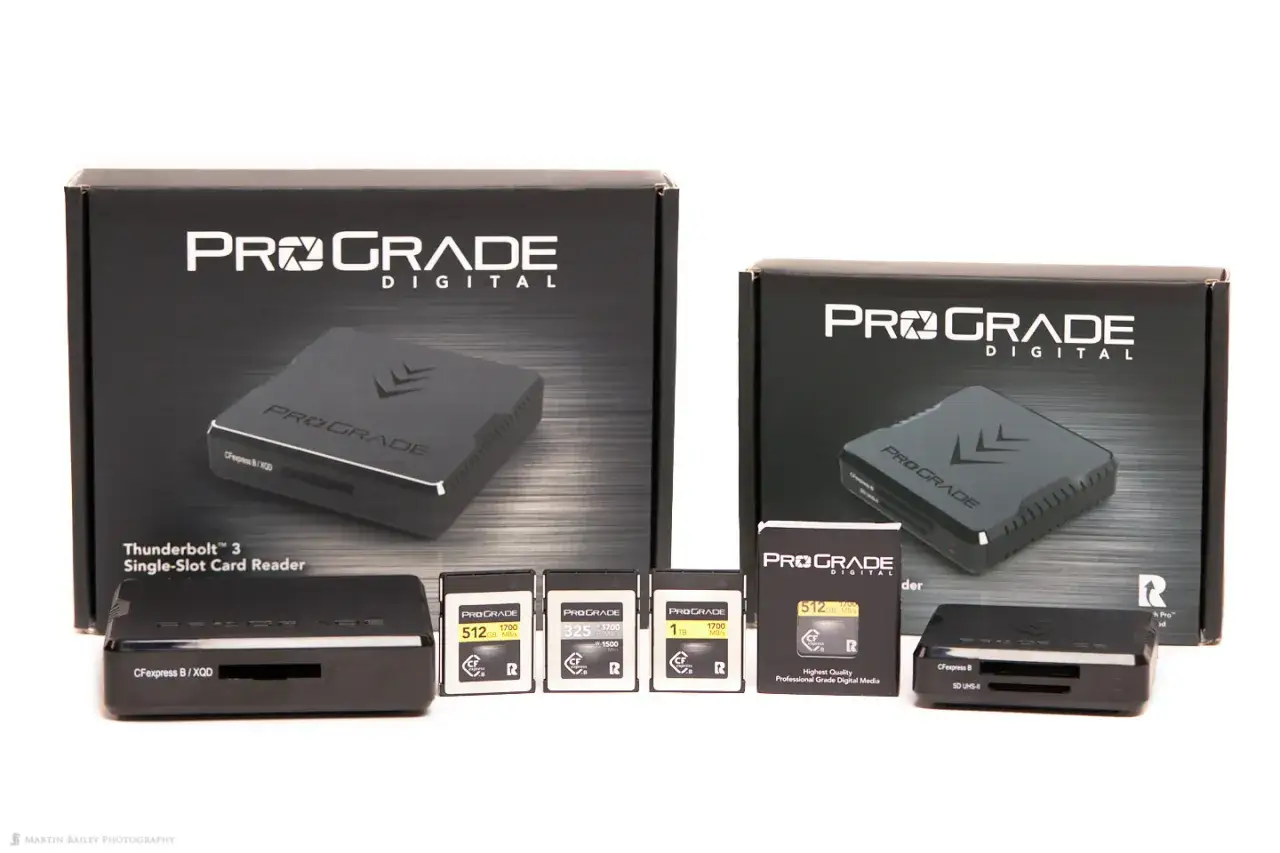 Czytniki kart ProGrade Digital z obsługą CFexpress Type B i kartami pamięci.