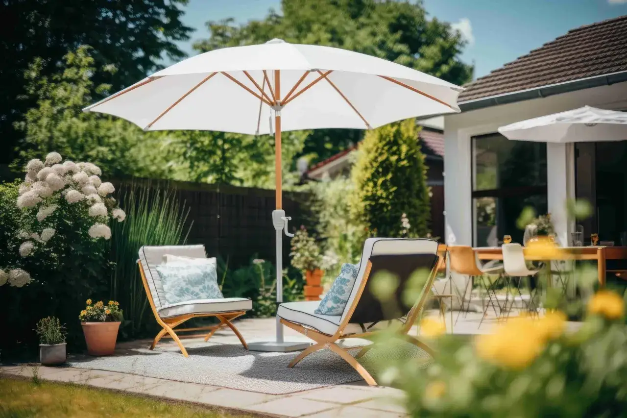 Biały parasol na balkon chroni dwa wygodne fotele przed słońcem. W tle zielony ogród i dom.