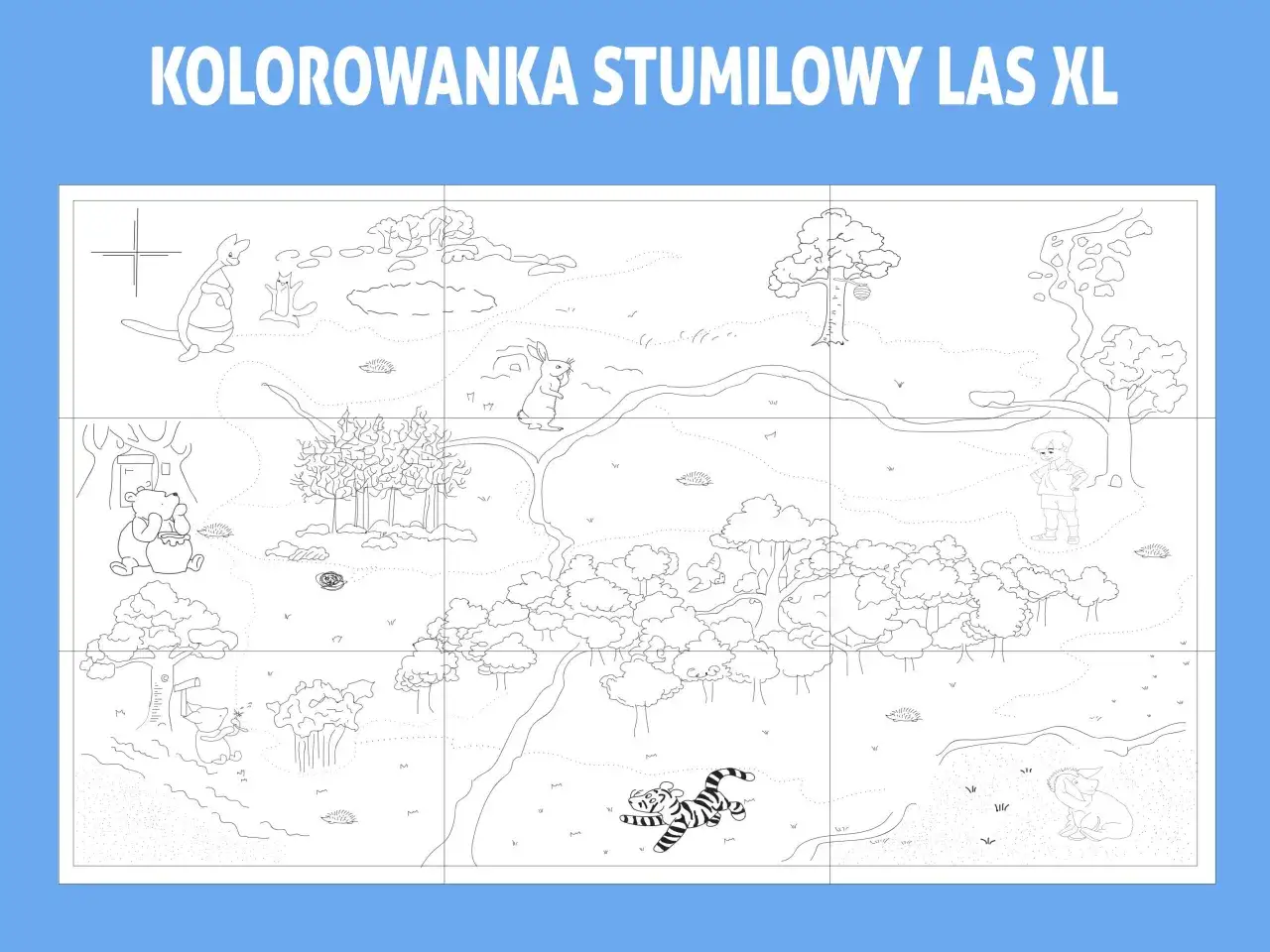 Kubuś Puchatek i przyjaciele w Stumilowym Lesie czekają na kolorowanie. Mapa pełna postaci i krajobraz&oacute;w.