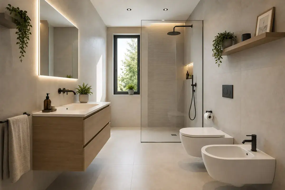 Bagno moderno con sanitari filo muro. Doccia walk-in, lavabo sospeso e bidet. Nessun problema visibile con i sanitari filo muro.