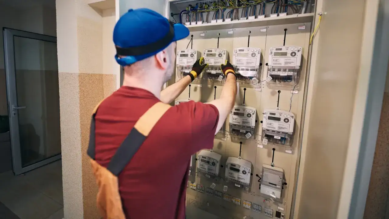 Technik w rękawiczkach sprawdza liczniki energii elektrycznej. To kluczowy etap zdalnego odczytu licznika, zapewniający dokładność danych.