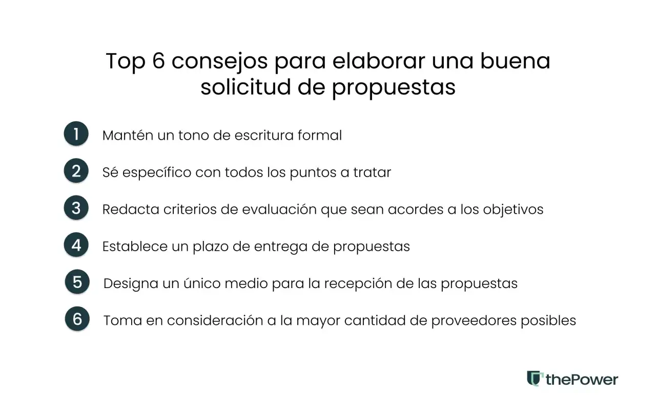 Top 6 consejos para elaborar una buena solicitud de propuestas (rfp que es): tono formal, ser espec&iacute;fico, criterios claros, plazo, medio &uacute;nico y considerar muchos proveedores.